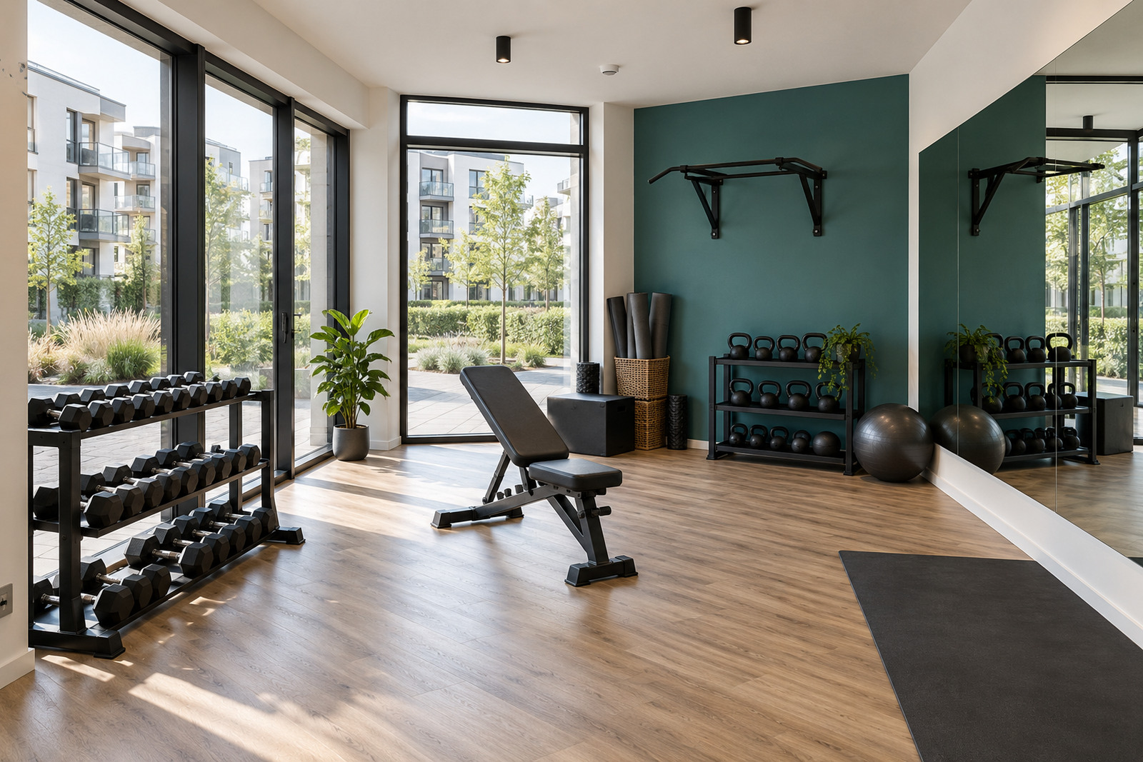 Wizualizacja: jasna sala z dużymi oknami na osiedle, hantlami, kettlebellami, ławką i lustrem